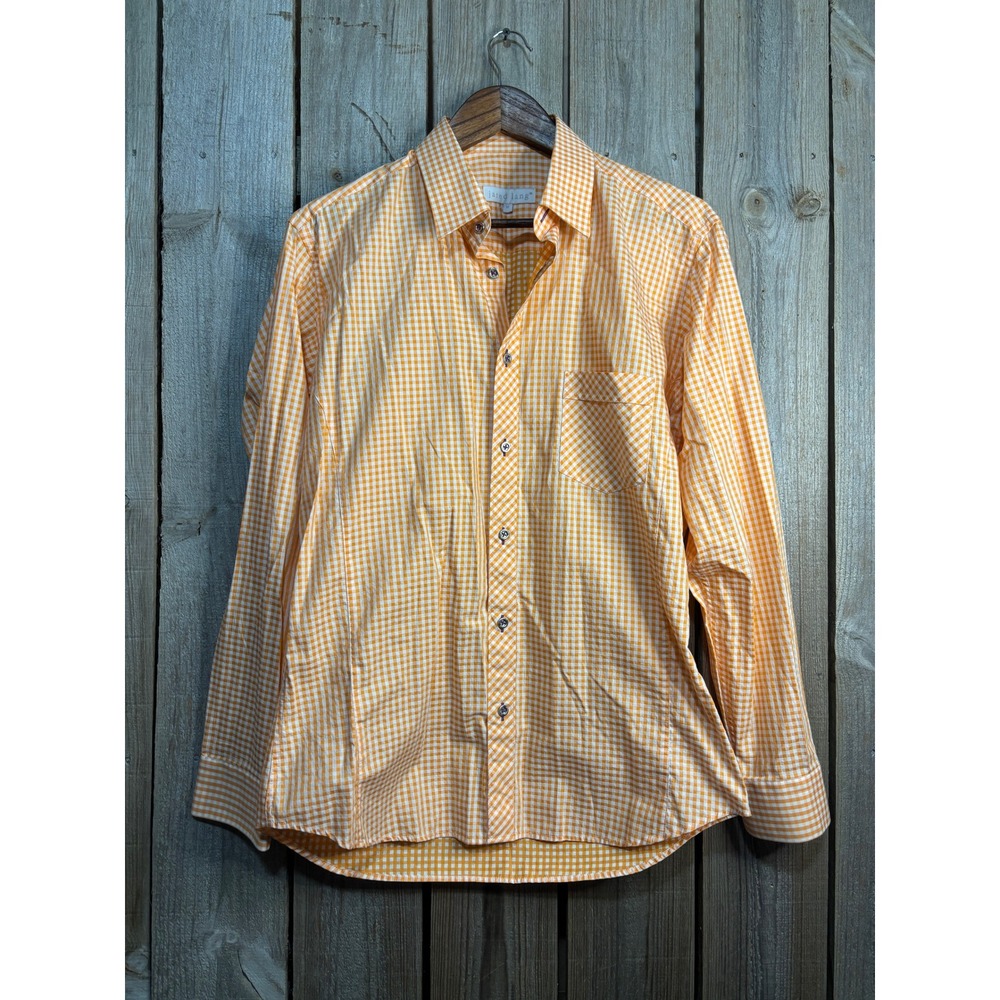 Jared Lang Mens Orange White Gingham Check Cotton Button Down Shirt Size M